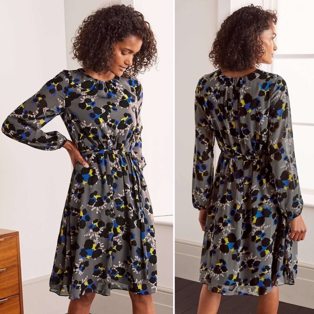 Boden Grey Floral Midi Dress with Blue and Yellow Accents